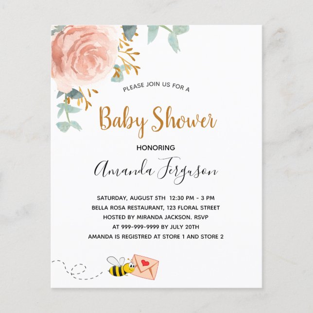 Budget Baby Shower pink bumble bee floral greenery (Front)