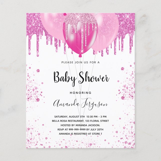 Budget Baby Shower pink glitter girl invitation (Front)