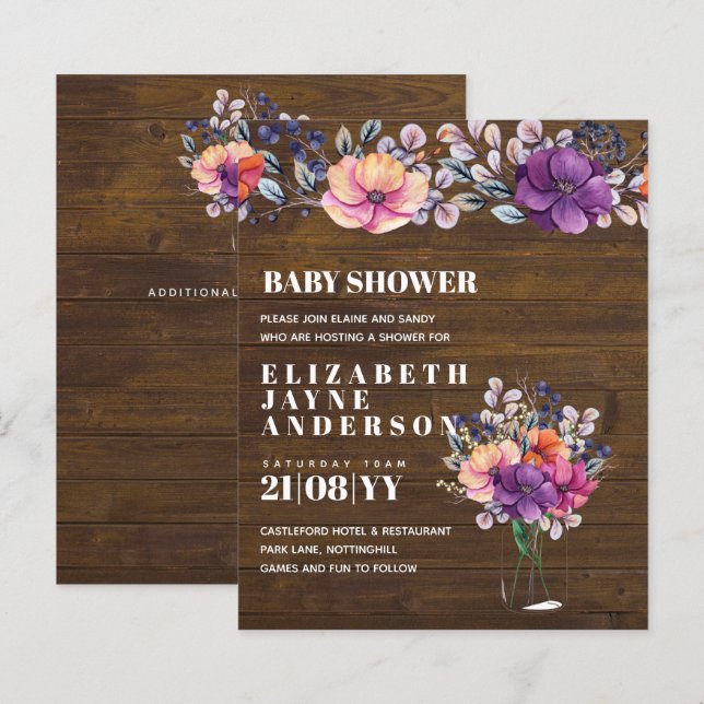 BUDGET Baby Shower Purple Orange Floral Invite (Front/Back)