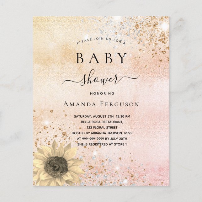 Budget Baby shower rose gold sunflower invitation (Front)