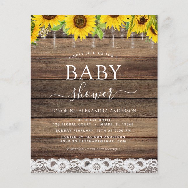 Budget Baby Shower Rustic Sunflower Invitation Flyer (Front)