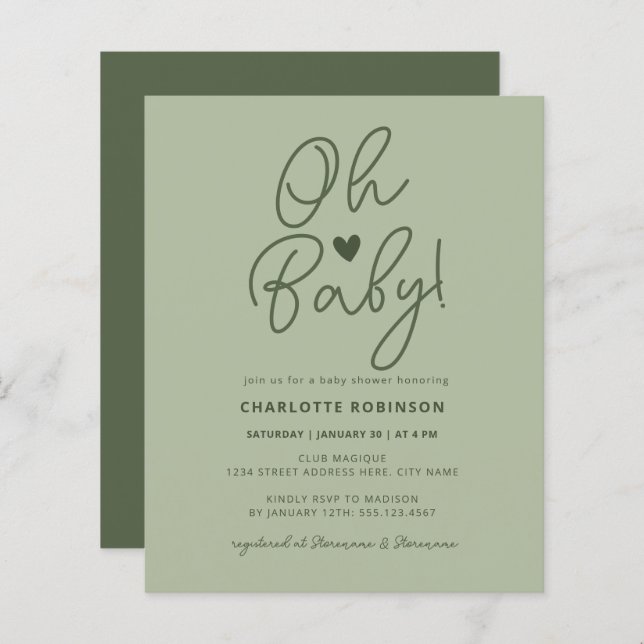 Budget Baby Shower Script Modern Sage Green Invite (Front/Back)