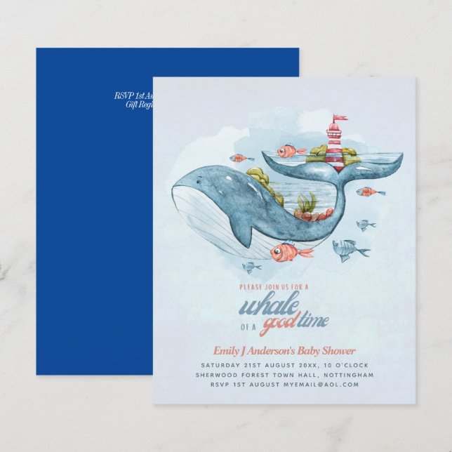 BUDGET Baby Shower Sea Life Whale Boys Blue Invite (Front/Back)