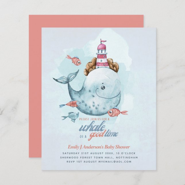 BUDGET Baby Shower Sea Life Whale Boys Blue Invite (Front/Back)