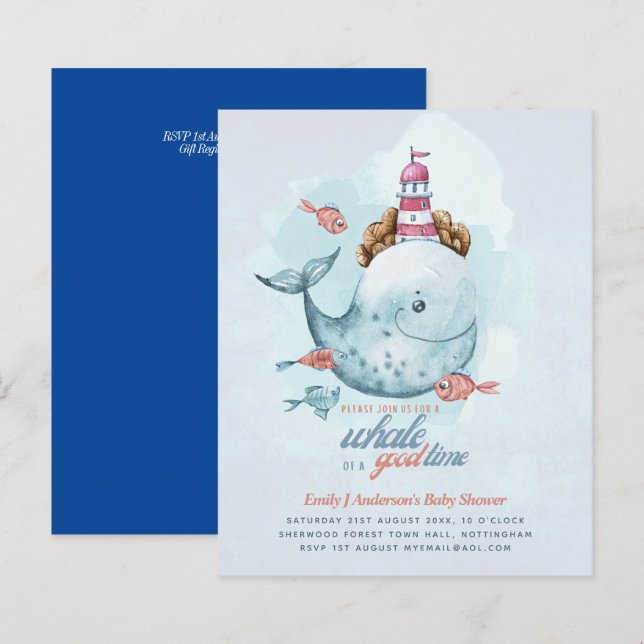 BUDGET Baby Shower Sea Life Whale Boys Blue Invite (Front/Back)