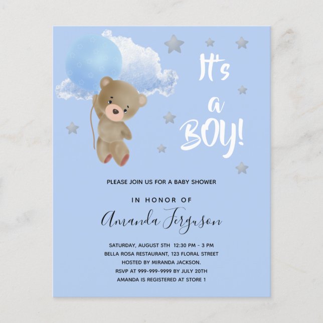 Budget Baby shower teddy bear boy blue invitation (Front)