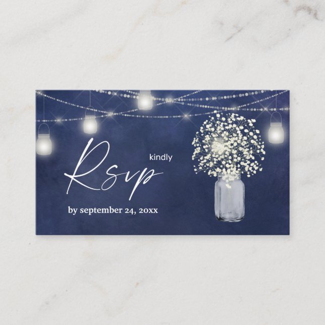 Budget Baby's Breath, Blu Chalkboard 2SM Meal RSVP Enclosure Card (Front)
