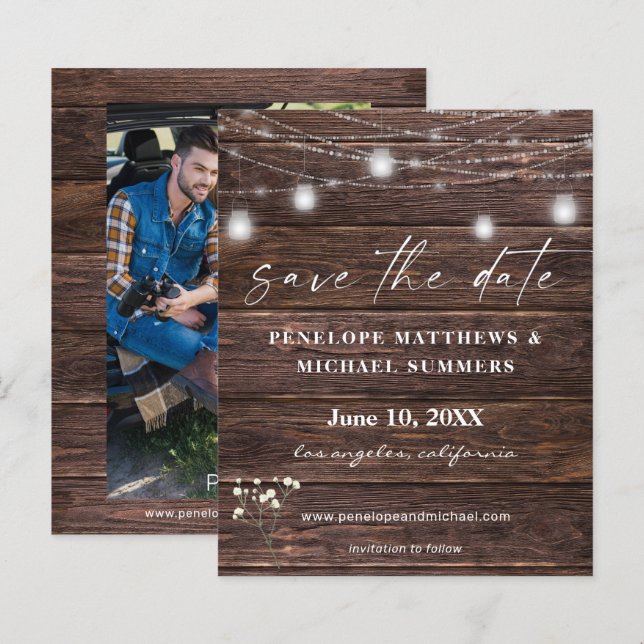 Budget Baby's Breath Rustic Photo Save the Date (Front/Back)