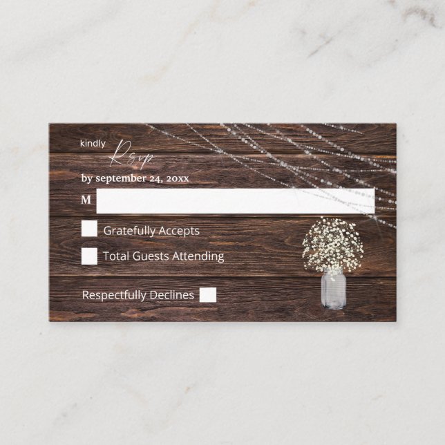 Budget Baby's Breath, Wood Floral 2SM No Meal RSVP Enclosure Card (Front)