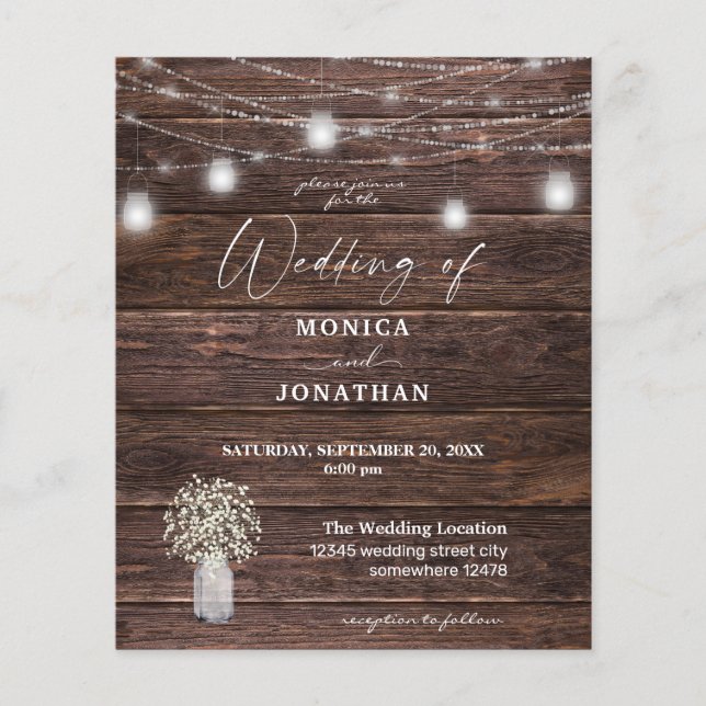 Budget Baby's Breath, Wood & String Lights Wedding Flyer (Front)
