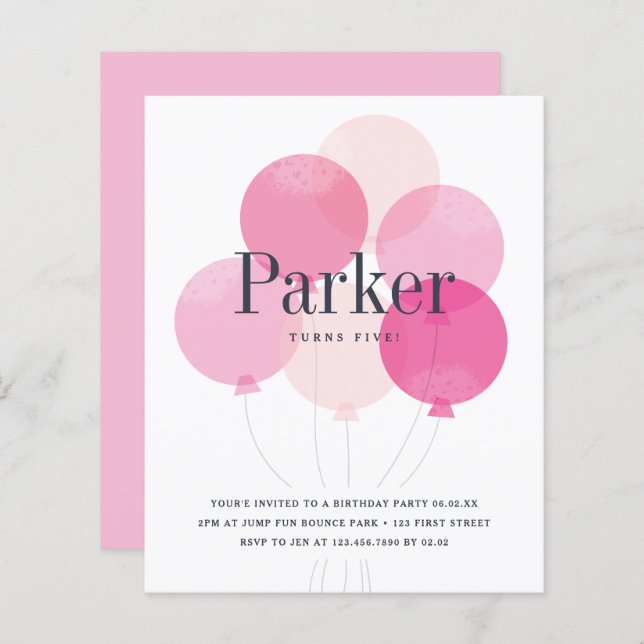 Budget balloon pink birthday party invitation (Front/Back)