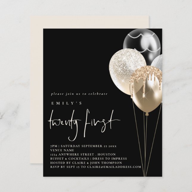 Budget Balloons Gold Ivory 21st Black Invite (Front/Back)