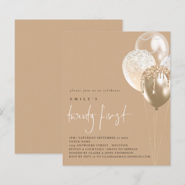 Budget Balloons Gold Ivory 21st Party Invite (Front/Back)