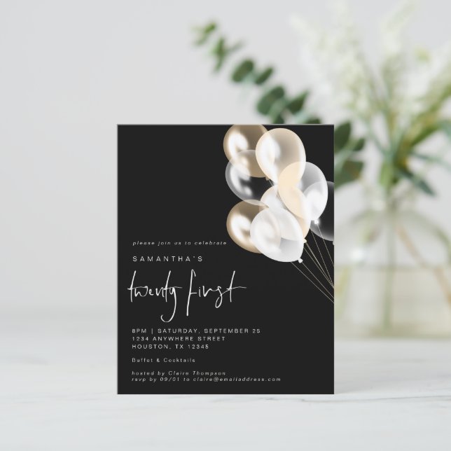 Budget Balloons White Black 21st Party Invitation (Standing Front)