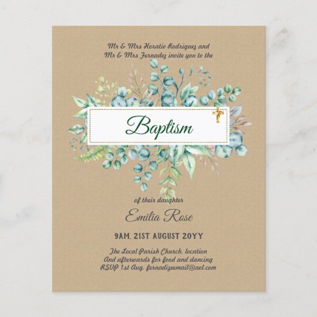 BUDGET Baptism Bautizo Bautismo GREENERY Invites Flyer (Front)
