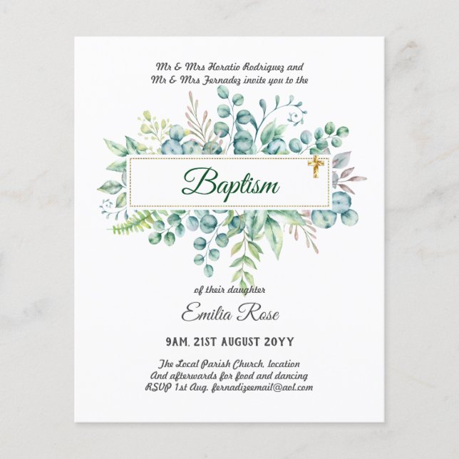 BUDGET Baptism Bautizo Bautismo GREENERY Invites Flyer (Front)