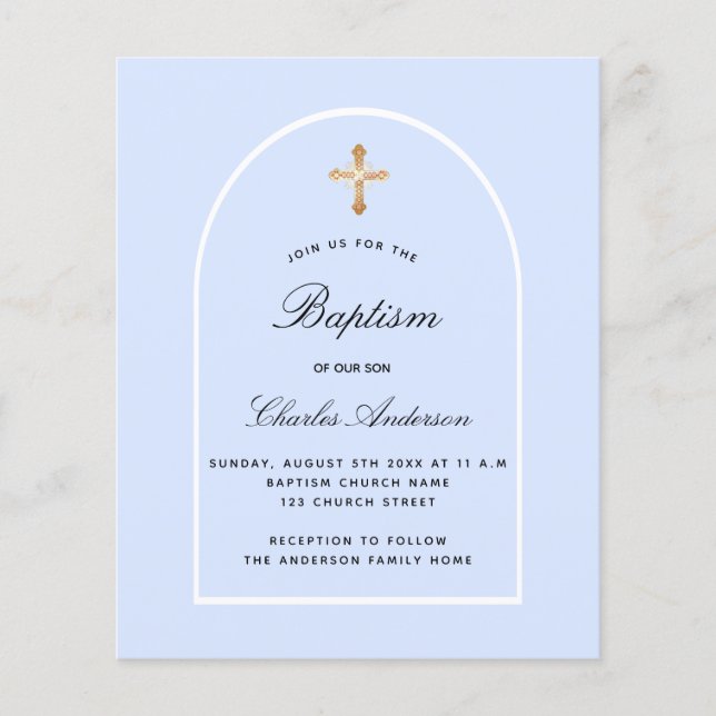 Budget baptism blue baby boy arch invitation (Front)