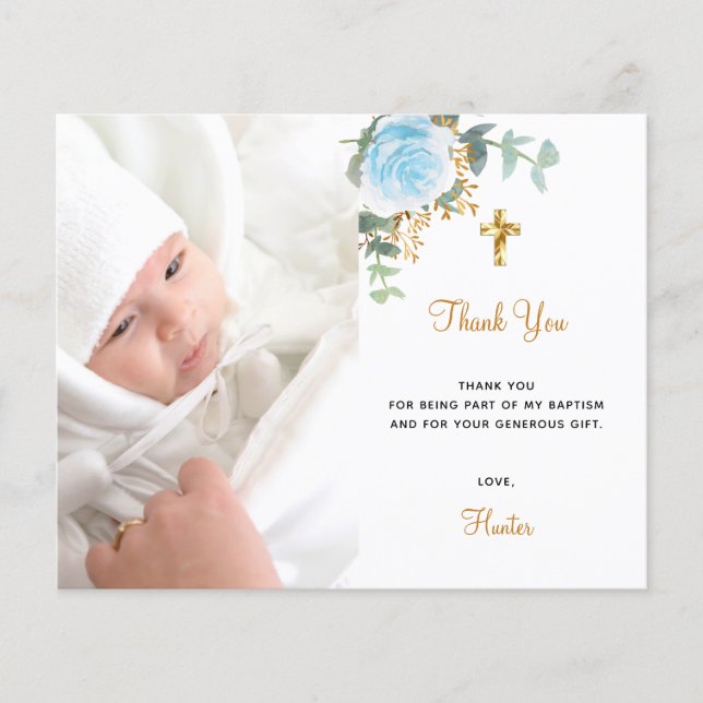 Budget baptism blue floral photo boy thank you (Front)