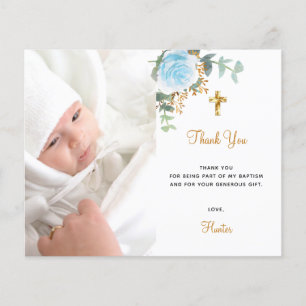 Budget baptism blue floral photo boy thank you