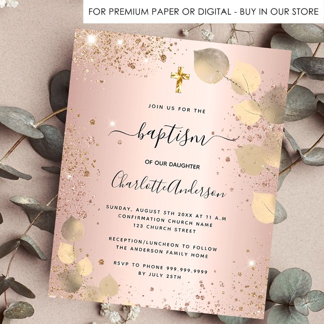 Budget baptism blush eucalyptus glitter invitation (Creator Uploaded)