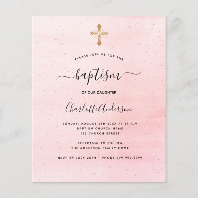 Budget baptism blush pink gold girl invitation (Front)