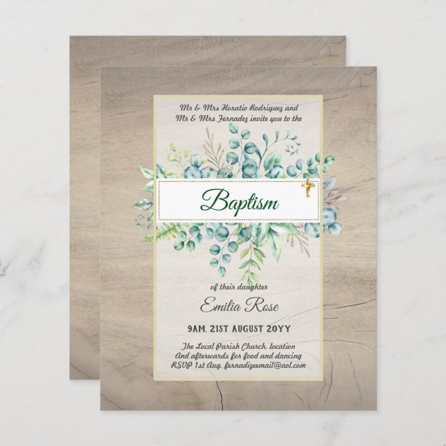 Budget BAPTISM Christening Greenery Leaves Invites (Front/Back)
