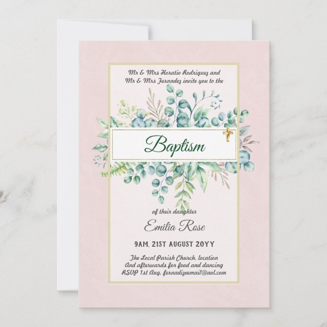 Budget BAPTISM Christening Greenery Leaves Invites (Front)