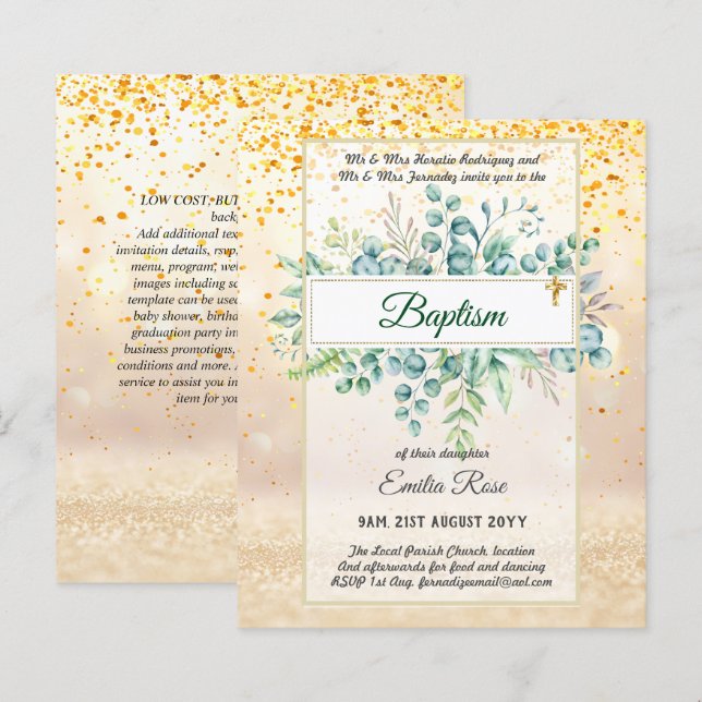 Budget BAPTISM Christening Greenery Leaves Invites (Front/Back)