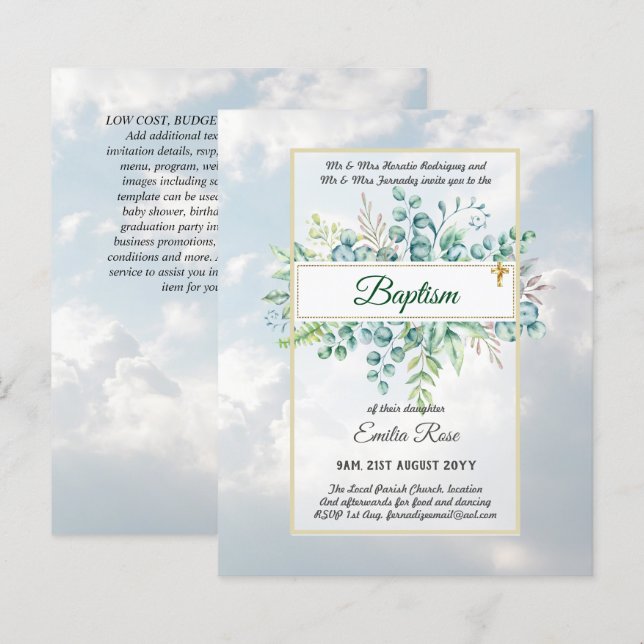 Budget BAPTISM Christening Greenery Leaves Invites (Front/Back)