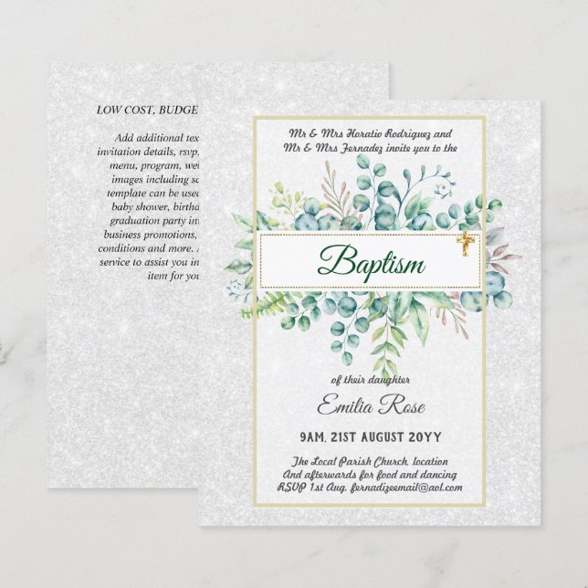 Budget BAPTISM Christening Greenery Leaves Invites (Front/Back)