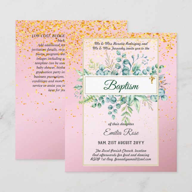 Budget BAPTISM Christening Greenery Leaves Invites (Front/Back)
