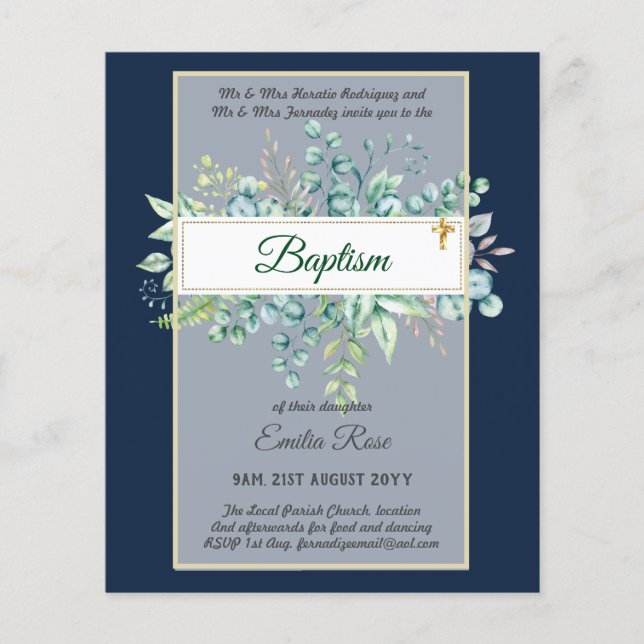 Budget BAPTISM Christening Greenery Leaves Invites Flyer (Front)