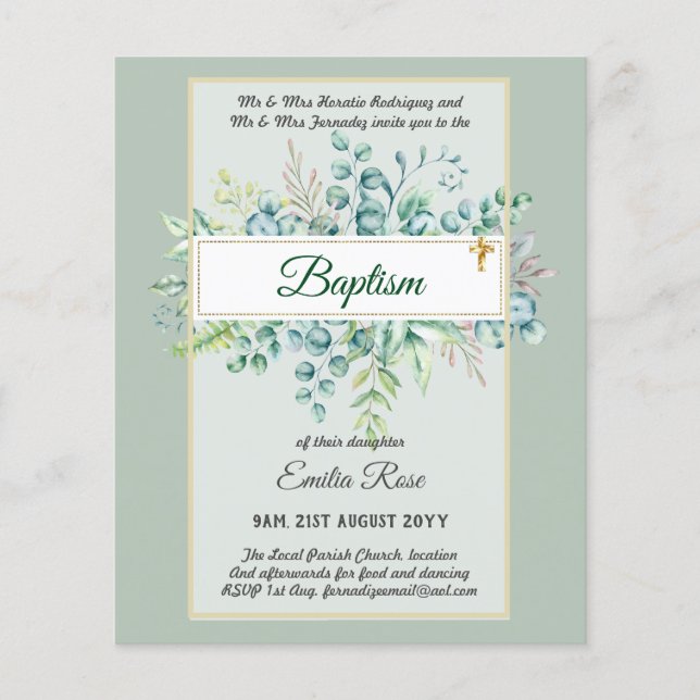 Budget BAPTISM Christening Greenery Leaves Invites Flyer (Front)