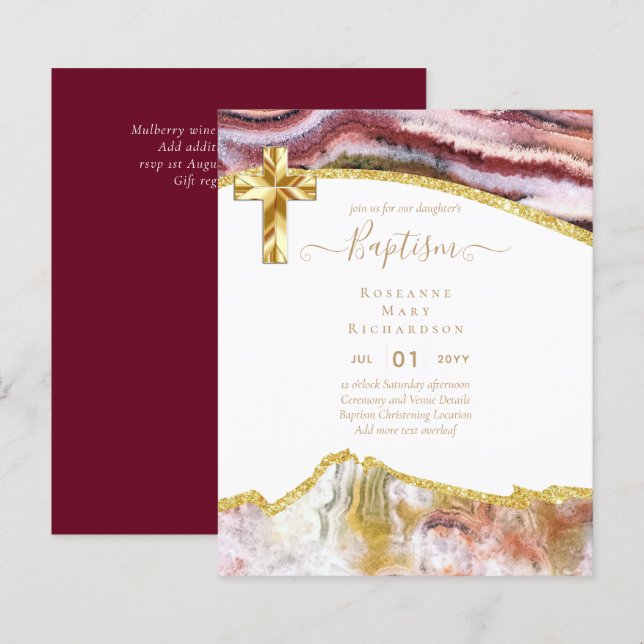 BUDGET BAPTISM CHRISTENING Invitation AGATE GOLD (Front/Back)