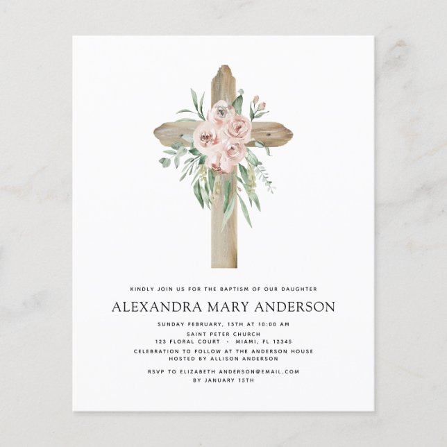 Budget Baptism Dusty Pink Rose Greenery Eucalyptus Flyer (Front)