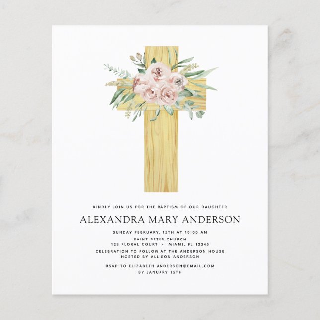 Budget Baptism Dusty Pink Rose Greenery Flyer (Front)