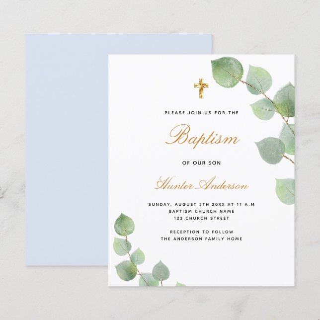Budget baptism eucalyptus gold blue boy invitation (Front/Back)