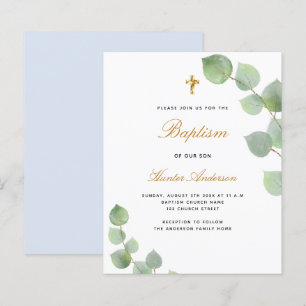 Budget baptism eucalyptus gold blue boy invitation