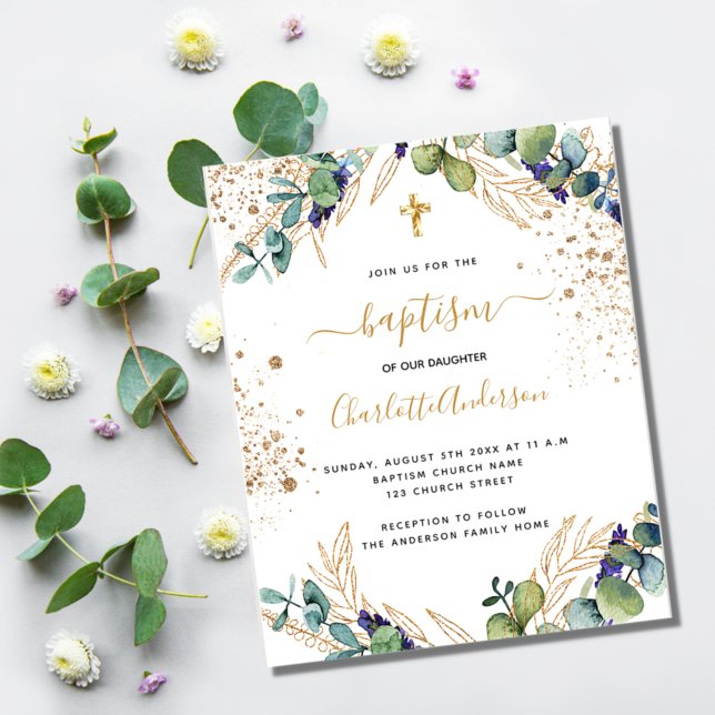 Budget baptism eucalyptus greenery gold cross  (Creator Uploaded)