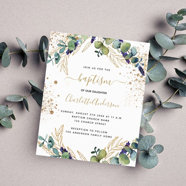Budget baptism eucalyptus greenery gold invitation (Creator Uploaded)