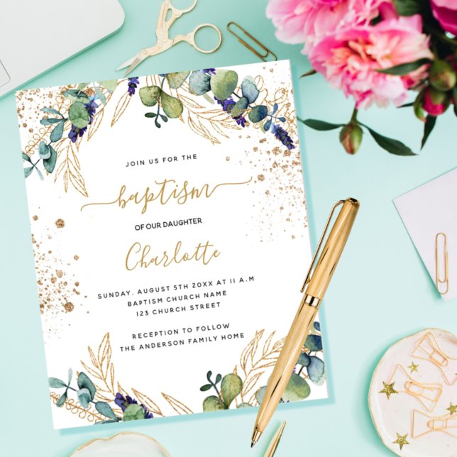 Budget baptism eucalyptus greenery gold invitation (Creator Uploaded)
