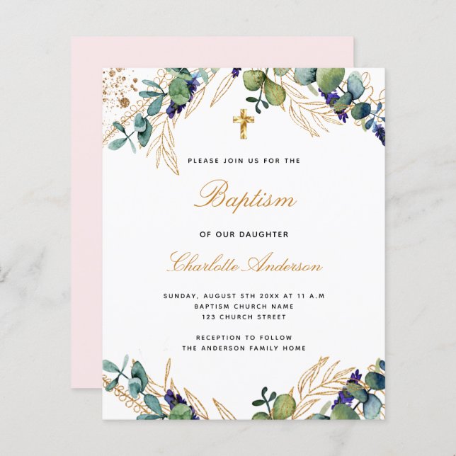 Budget baptism eucalyptus greenery pink invitation (Front/Back)