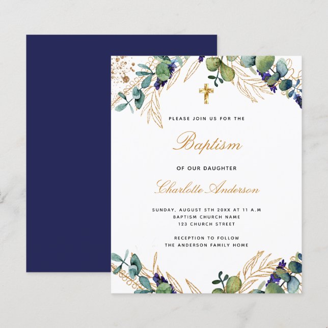 Budget baptism eucalyptus navy blue invitation (Front/Back)