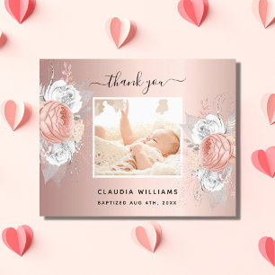 Budget baptism floral rose gold photo thank you