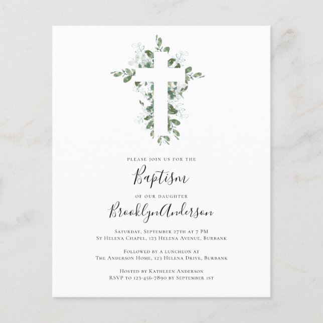 BUDGET Baptism Invitation | Eucalyptus Cross (Front)
