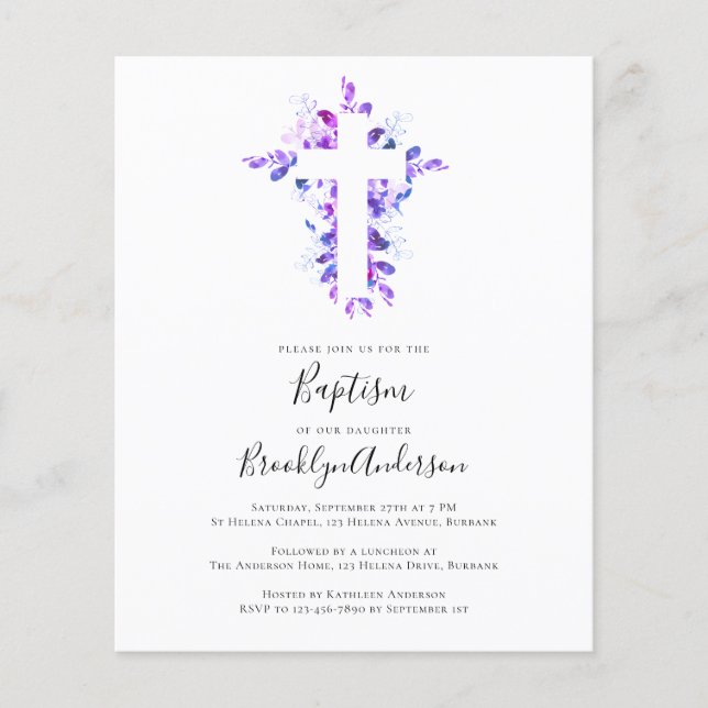 BUDGET Baptism Invitation | Eucalyptus Cross (Front)