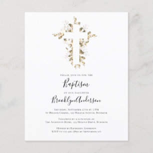 BUDGET Baptism Invitation   Gold Eucalyptus Cross