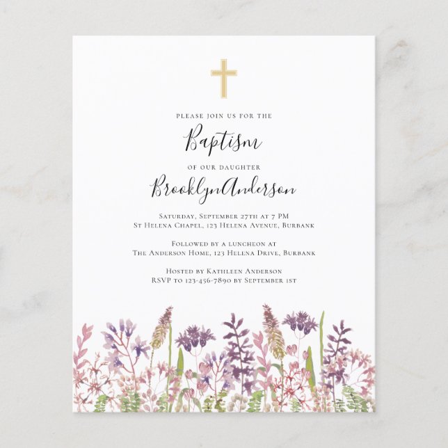 BUDGET Baptism Invitation | Wildflower Cross (Front)