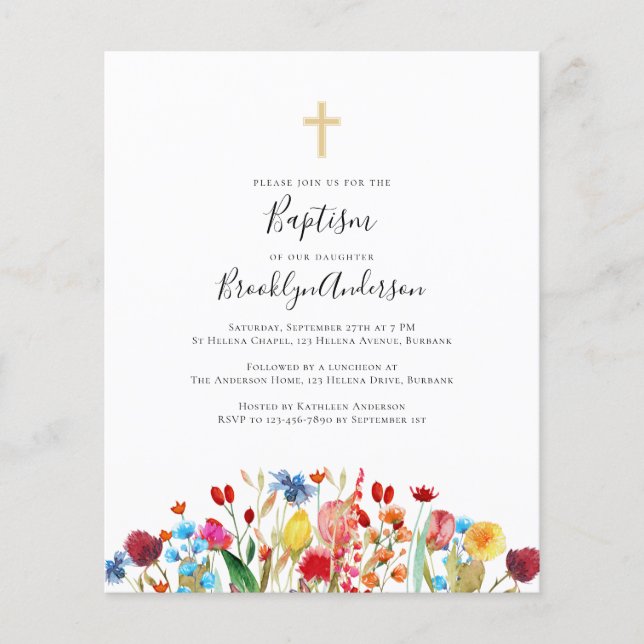 BUDGET Baptism Invitation | Wildflower Cross (Front)