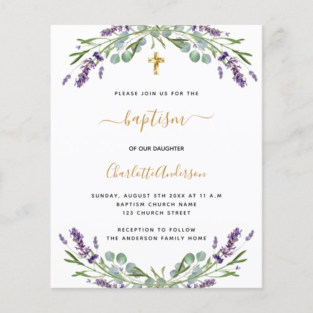 Budget baptism lavender eucalyptus invitation (Front)